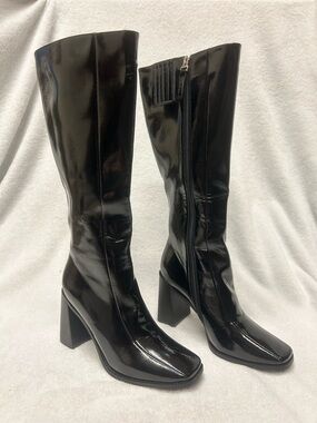 Princess Polly Black Patent Block Heel Knee Boots